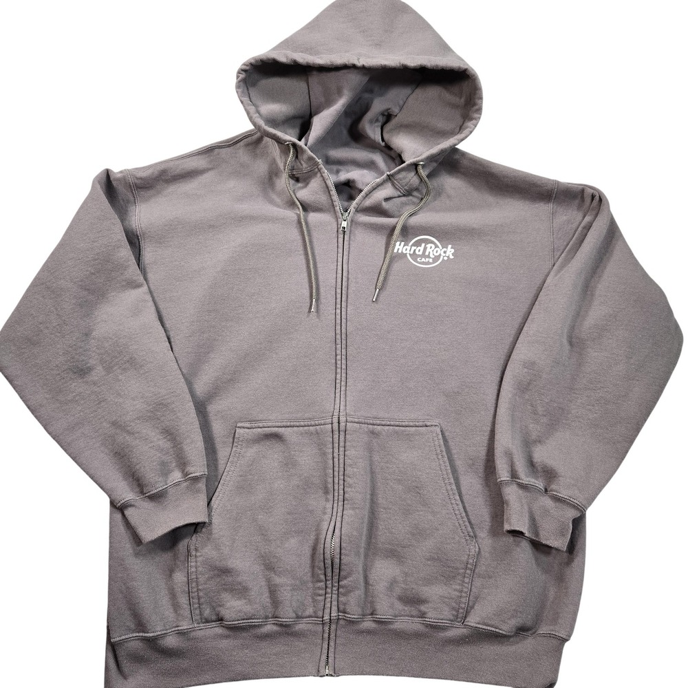 Hard Rock Cafe Hoodie Sweatshirt Mens 2XL Gray Full Zip USA Flag Back Fleece
